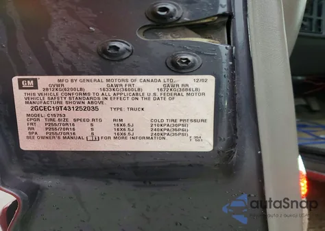 2003 Chevrolet Silverado C1500 из США, поврежденный, VIN 2GCEC19T431252035